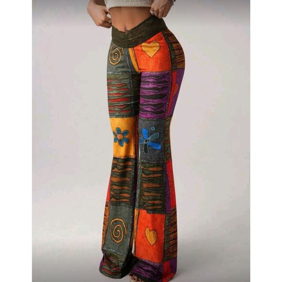 NWT Large Patchwork Print Pants Lace Waist Stretch Flares - Picture 7 of 7